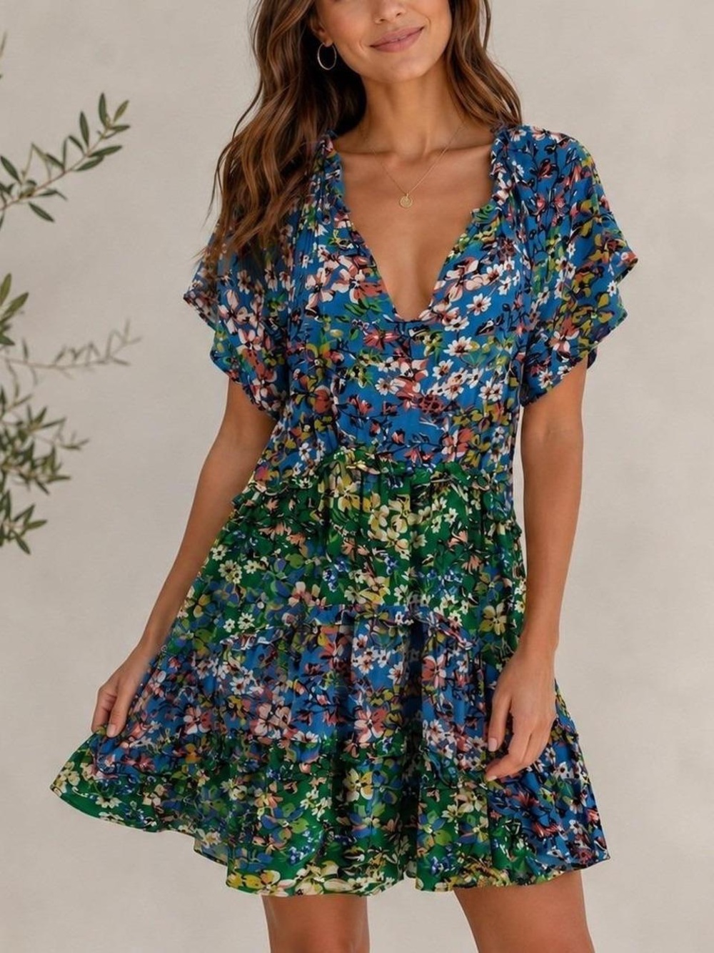 Anthropologie Robin Tiered Mini Floral V-Neck Dress - Blue & Green